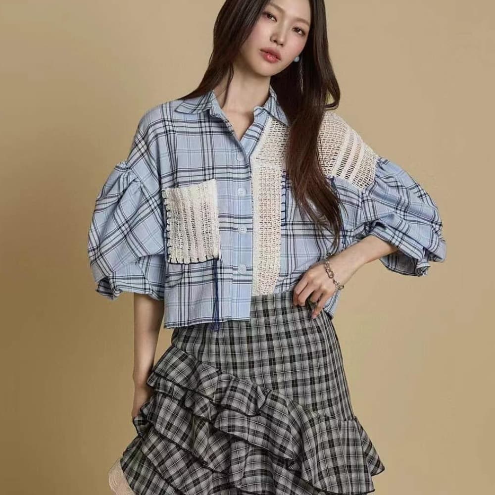 재고 있음 chic 패션 패치워크 디자인 체크무늬 중간 소매 셔츠 상세 이미지 4