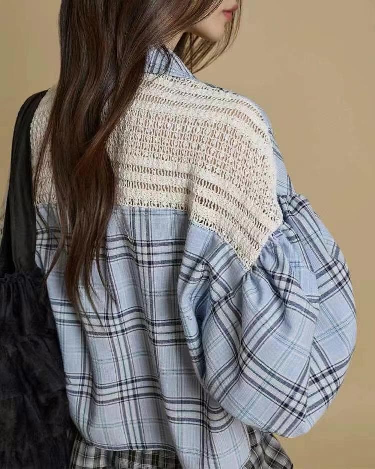 재고 있음 chic 패션 패치워크 디자인 체크무늬 중간 소매 셔츠 상세 이미지 5