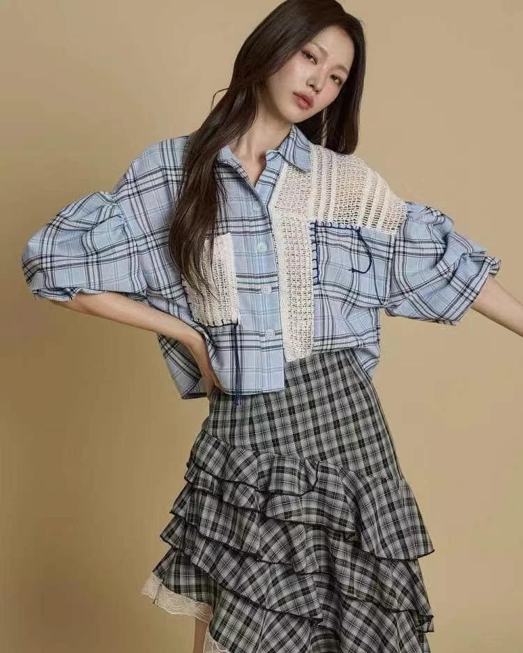 재고 있음 chic 패션 패치워크 디자인 체크무늬 중간 소매 셔츠 상세 이미지 7
