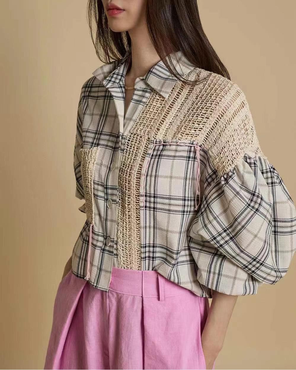 재고 있음 chic 패션 패치워크 디자인 체크무늬 중간 소매 셔츠 상세 이미지 9