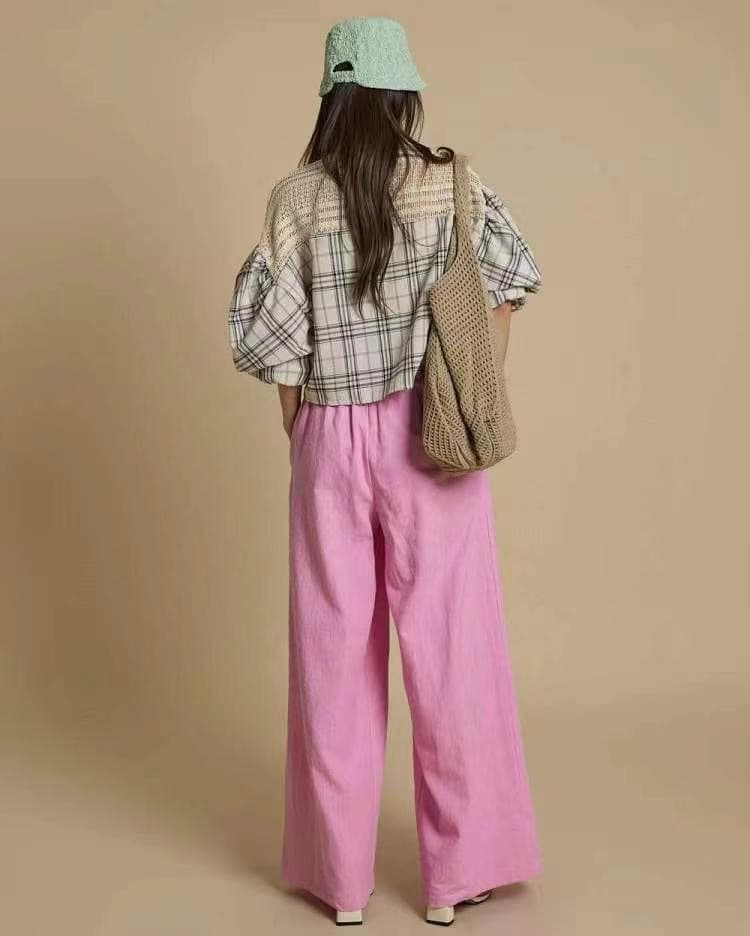 재고 있음 chic 패션 패치워크 디자인 체크무늬 중간 소매 셔츠 상세 이미지 10