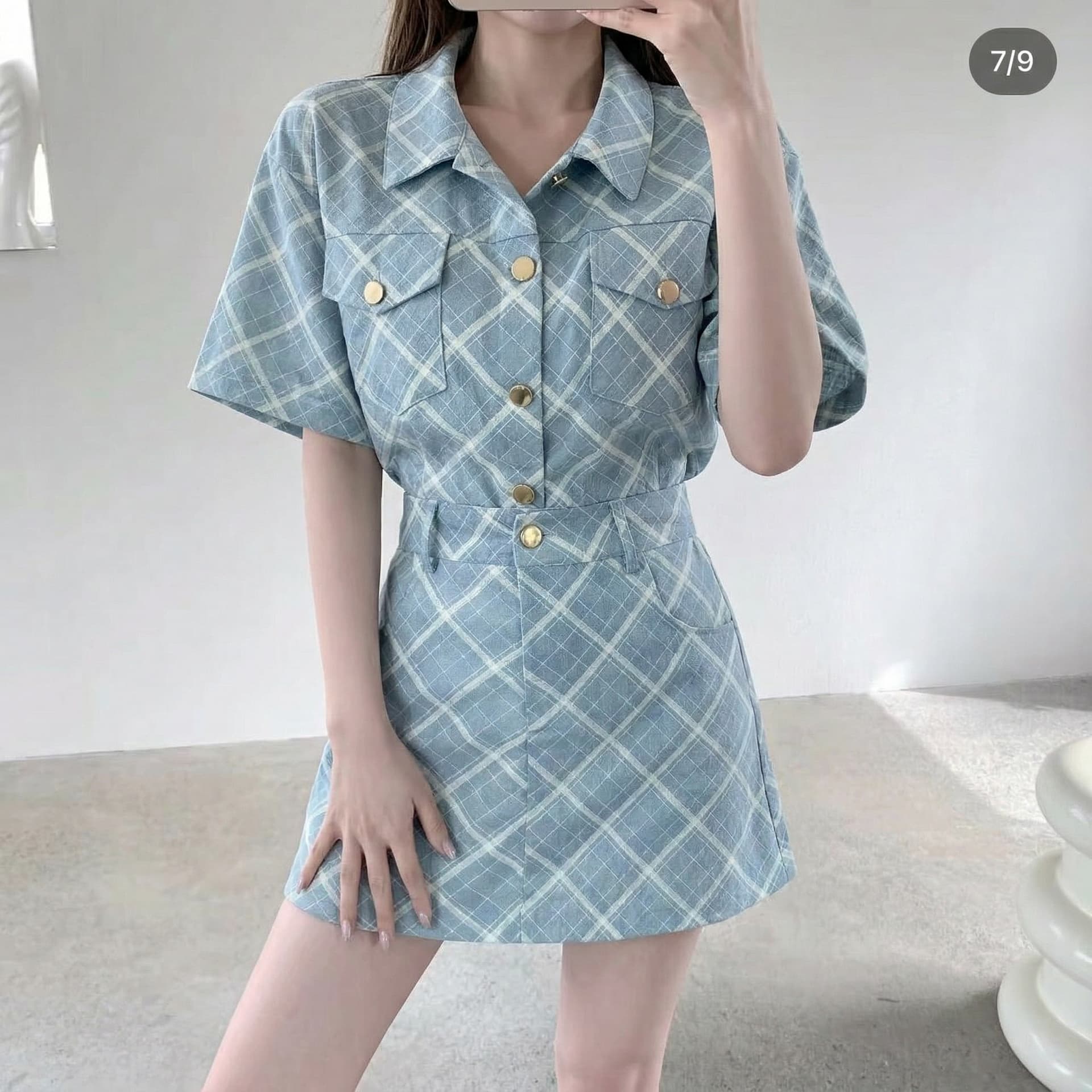 재고 있음 chic 캐주얼 패션 링 그리드 데님 세트 여성 이미지 2