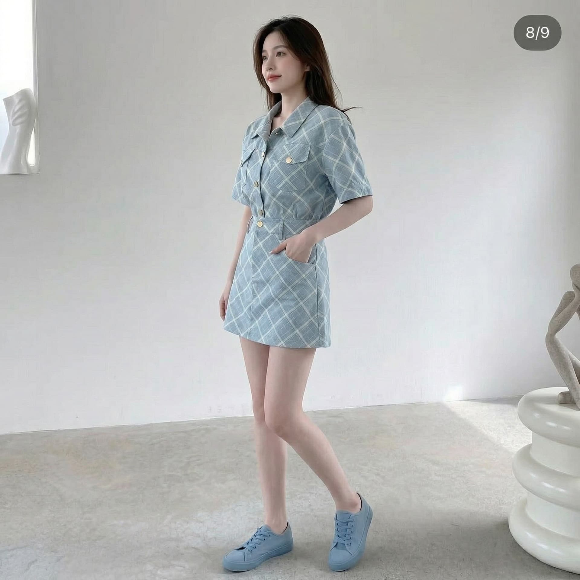 재고 있음 chic 캐주얼 패션 링 그리드 데님 세트 여성 이미지 4