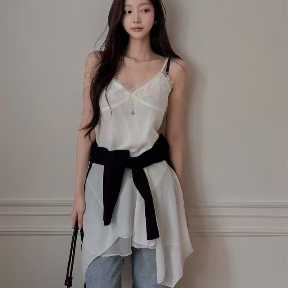 재고 있음 chic 레이스 캐미솔 불규칙 밑단 만나는 조끼 여성 상세 이미지 1
