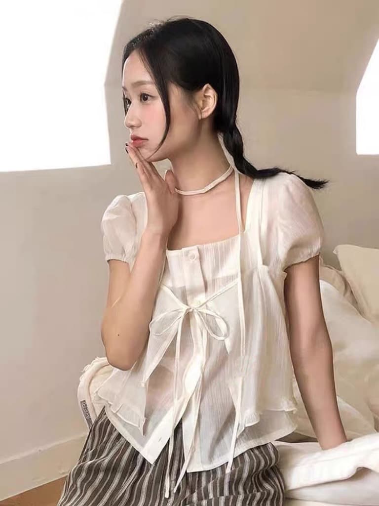 재고 있음 chic 레이스업 오픈 가디건 페이크 레이어드 루즈핏 마이크로 ~을 통해 아름다운 작은 셔츠 이미지 4
