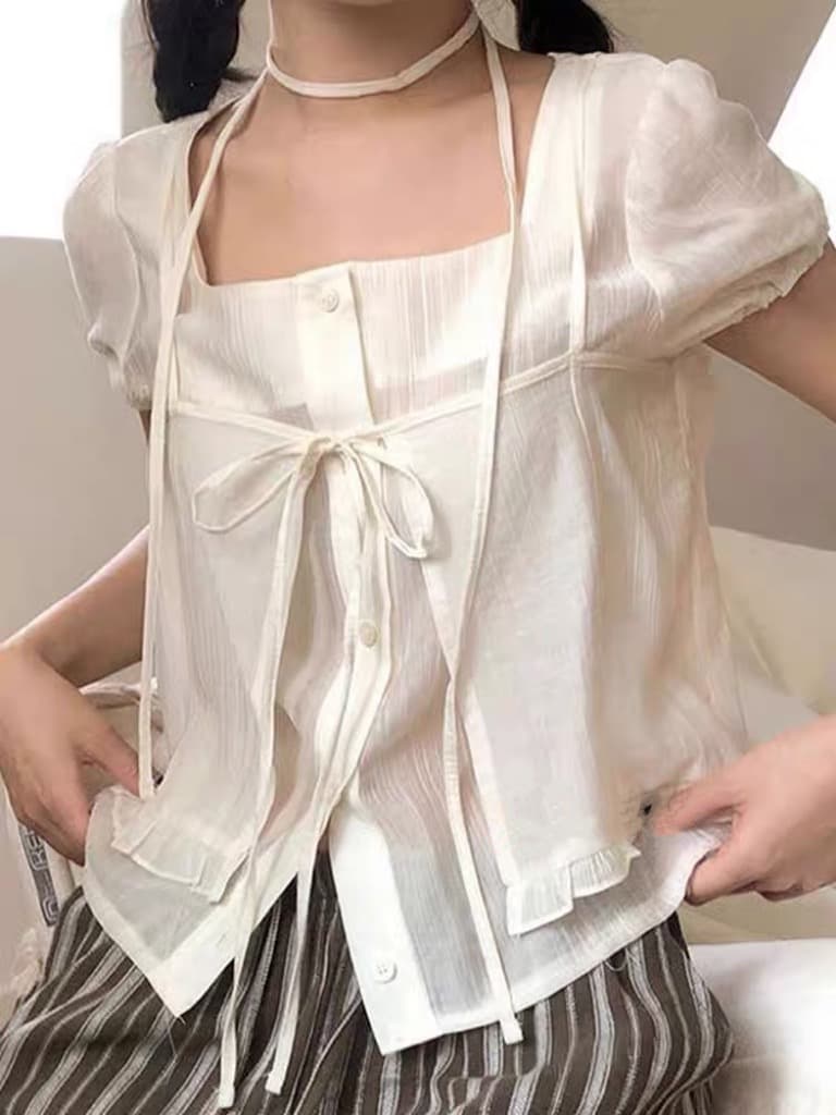 재고 있음 chic 레이스업 오픈 가디건 페이크 레이어드 루즈핏 마이크로 ~을 통해 아름다운 작은 셔츠 이미지 2