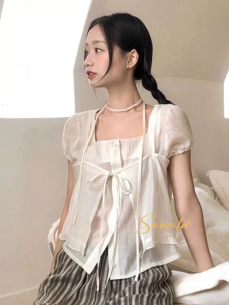 재고 있음 chic 레이스업 오픈 가디건 페이크 레이어드 루즈핏 마이크로 ~을 통해 아름다운 작은 셔츠 상세 이미지 3