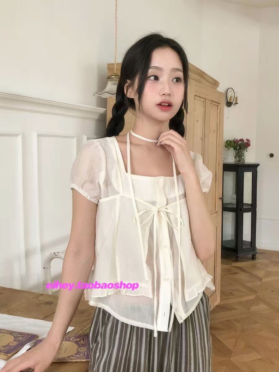 재고 있음 chic 레이스업 오픈 가디건 페이크 레이어드 루즈핏 마이크로 ~을 통해 아름다운 작은 셔츠 상세 이미지 4