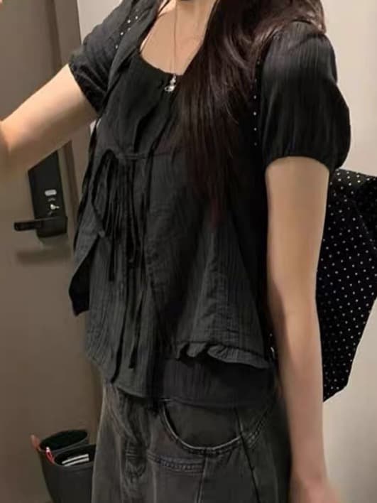 재고 있음 chic 레이스업 오픈 가디건 페이크 레이어드 루즈핏 마이크로 ~을 통해 아름다운 작은 셔츠 상세 이미지 7
