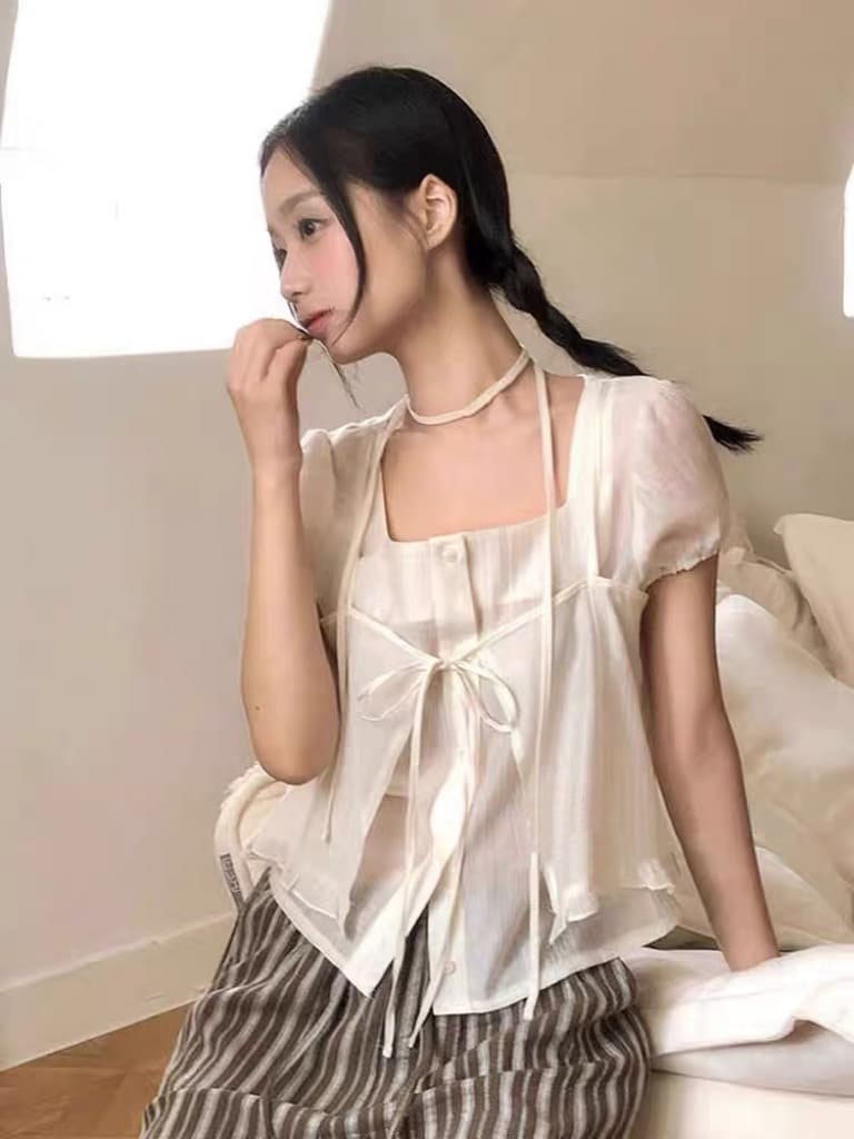 재고 있음 chic 레이스업 오픈 가디건 페이크 레이어드 루즈핏 마이크로 ~을 통해 아름다운 작은 셔츠 상세 이미지 9