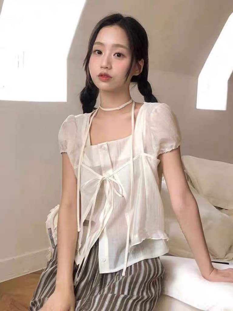 재고 있음 chic 레이스업 오픈 가디건 페이크 레이어드 루즈핏 마이크로 ~을 통해 아름다운 작은 셔츠 상세 이미지 16