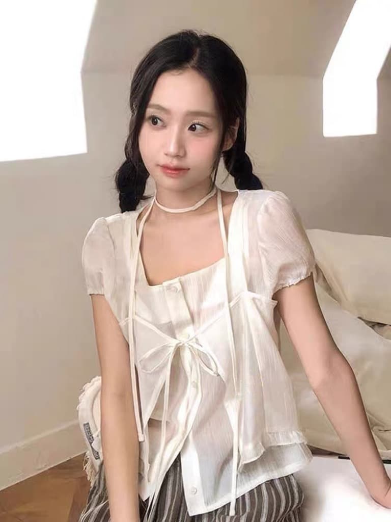 재고 있음 chic 레이스업 오픈 가디건 페이크 레이어드 루즈핏 마이크로 ~을 통해 아름다운 작은 셔츠 상세 이미지 17