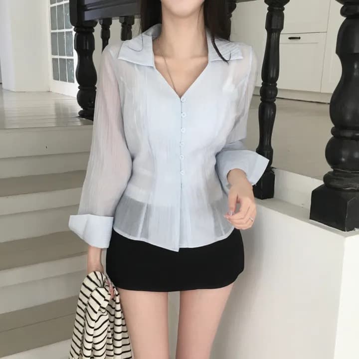 재고 있음 chic 연령 감소 레트로 작은 대중 디자인 센스 품격 주름 긴팔 싱글 줄 버튼 여성 셔츠