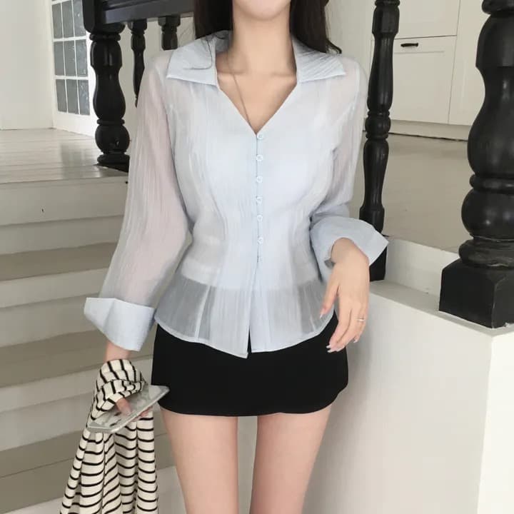 재고 있음 chic 연령 감소 레트로 작은 대중 디자인 센스 품격 주름 긴팔 싱글 줄 버튼 여성 셔츠 상세 이미지 6