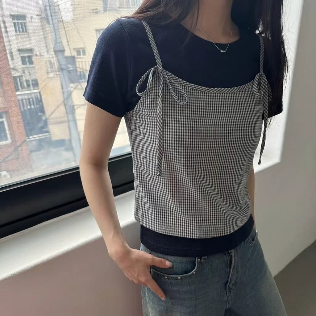 재고 있음 chic 라운드 넥 반팔 페이크 레이어드 디자인 센스 몸매 가꾸기 맨위 상세 이미지 5