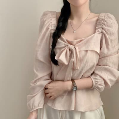 재고 있음 chic 패션 광장 칼라 오프숄더 밑단 프릴 나비 넥타이 긴팔 셔츠 상세 이미지 9