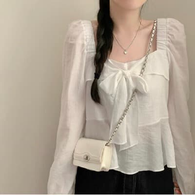 재고 있음 chic 패션 광장 칼라 오프숄더 밑단 프릴 나비 넥타이 긴팔 셔츠 상세 이미지 12