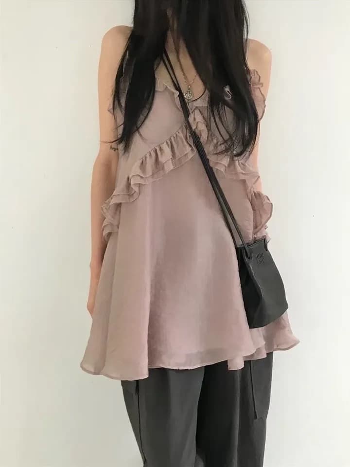 재고 있음 원본 한국 chic 패치워크 프릴 슬립 여성 드레스 상세 이미지 5
