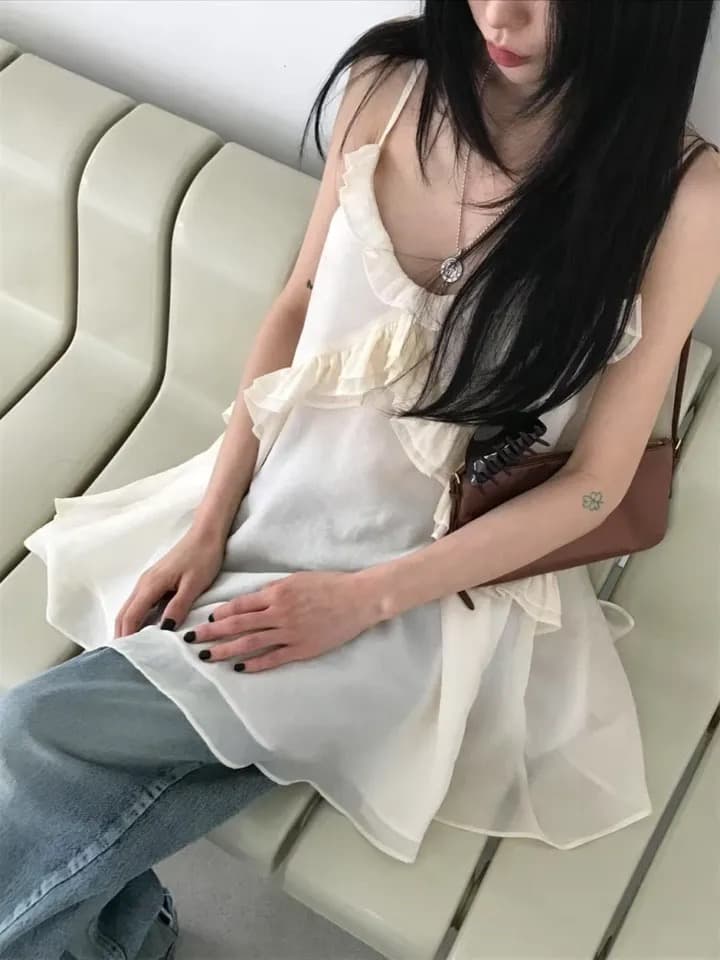 재고 있음 원본 한국 chic 패치워크 프릴 슬립 여성 드레스 상세 이미지 10