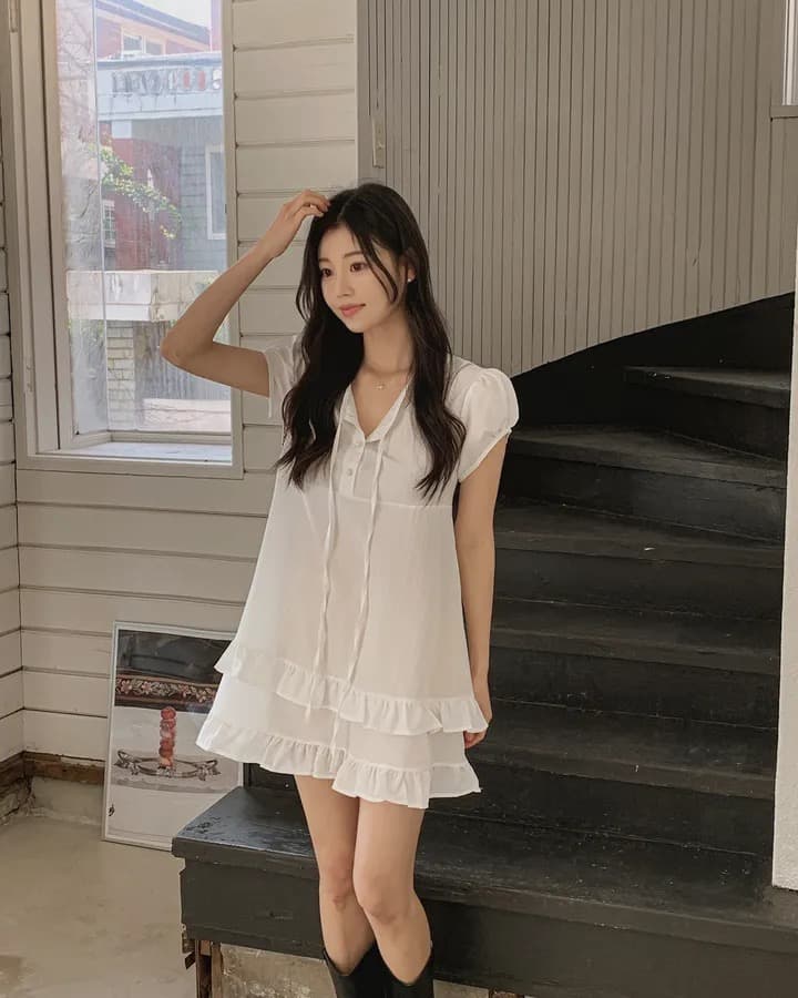 재고 있음 chic 달콤함 이중층 프릴 레이스업 반 개방 칼라 작은 키 드레스 상세 이미지 8