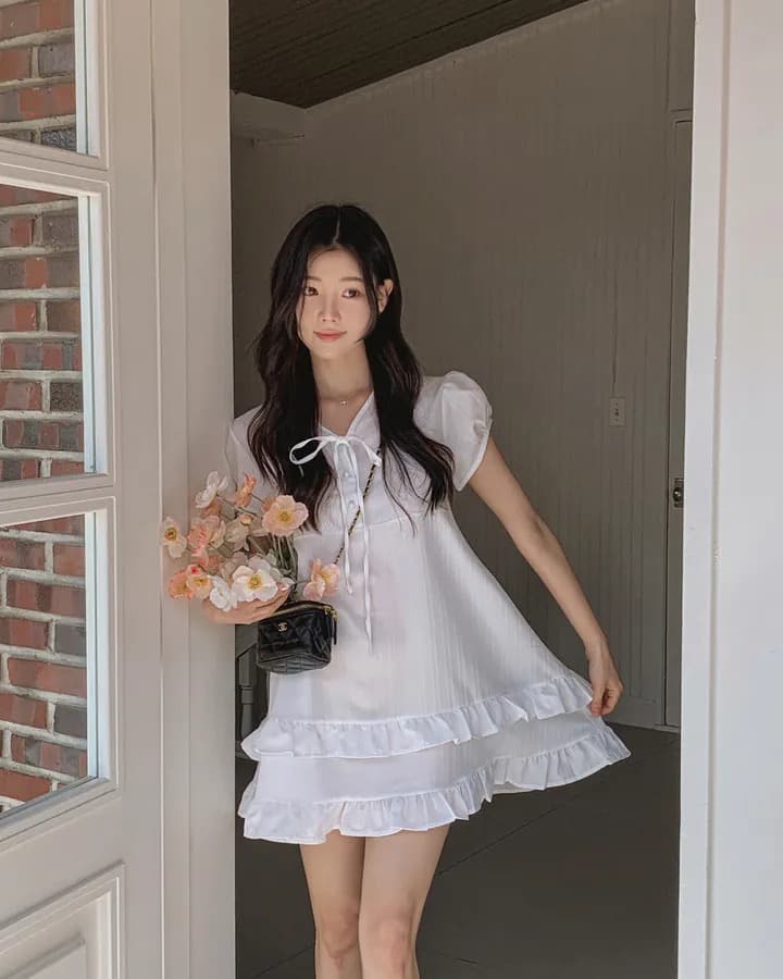재고 있음 chic 달콤함 이중층 프릴 레이스업 반 개방 칼라 작은 키 드레스 상세 이미지 11