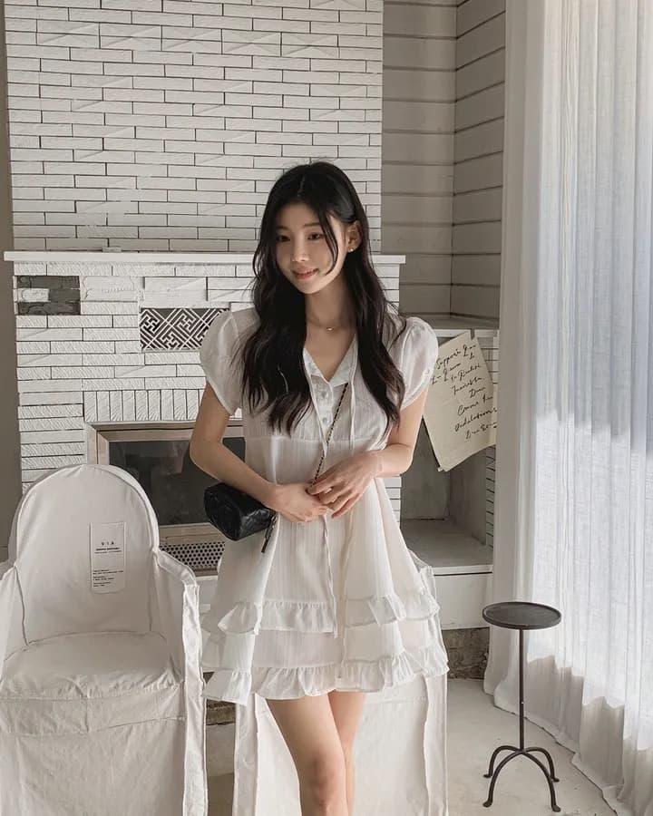 재고 있음 chic 달콤함 이중층 프릴 레이스업 반 개방 칼라 작은 키 드레스 상세 이미지 12