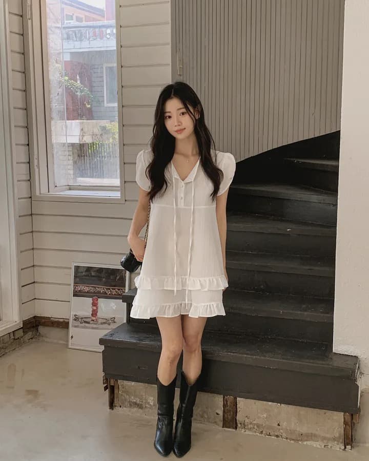 재고 있음 chic 달콤함 이중층 프릴 레이스업 반 개방 칼라 작은 키 드레스 상세 이미지 14