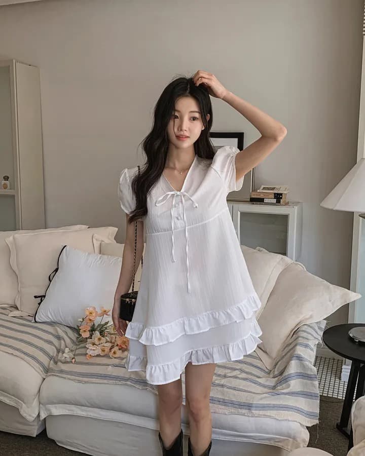 재고 있음 chic 달콤함 이중층 프릴 레이스업 반 개방 칼라 작은 키 드레스 상세 이미지 19
