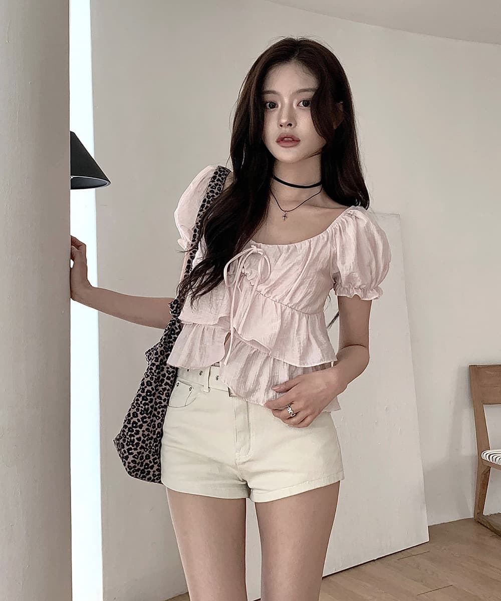 재고 있음 chic 쉬폰 블라우스 질감 센스 부드러운 바람 나비 넥타이 작은 셔츠 반팔 셔츠 상세 이미지 3