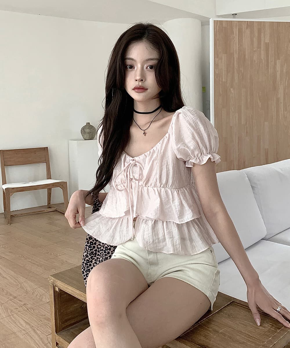 재고 있음 chic 쉬폰 블라우스 질감 센스 부드러운 바람 나비 넥타이 작은 셔츠 반팔 셔츠 상세 이미지 5