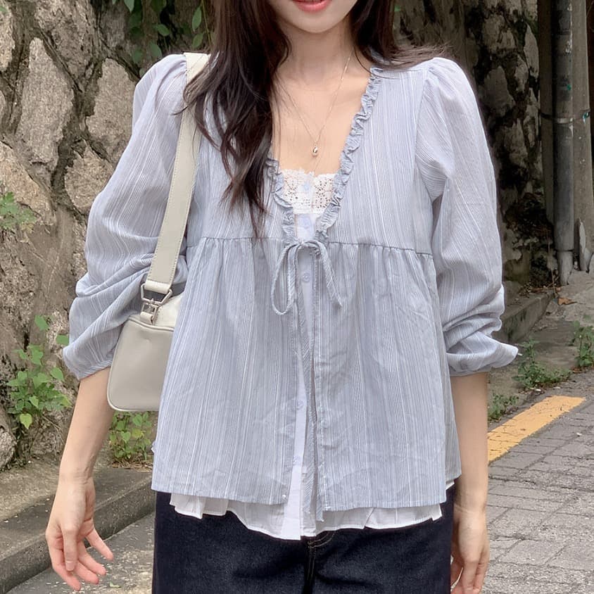 재고 있음 한 부서 봄 달콤함 페이크 레이어드 긴팔 프릴 루즈핏 슬림해 보이는 다용도 인형 셔츠 이미지 2