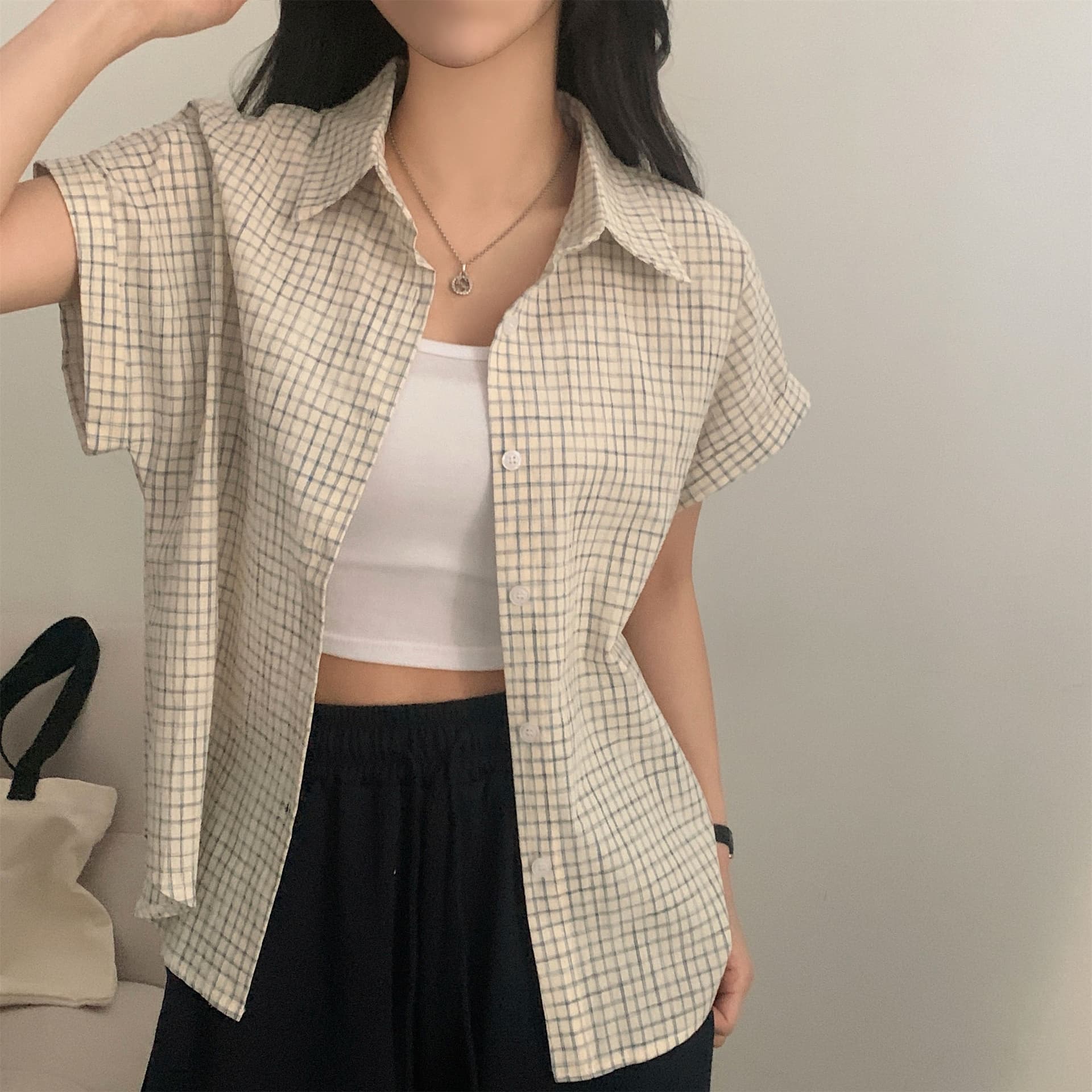 재고 있음 chic 레트로 배색 체크무늬 반팔 폴로 칼라 싱글 줄 버튼 셔츠 루즈핏 캐주얼 맨위 여성 이미지 3