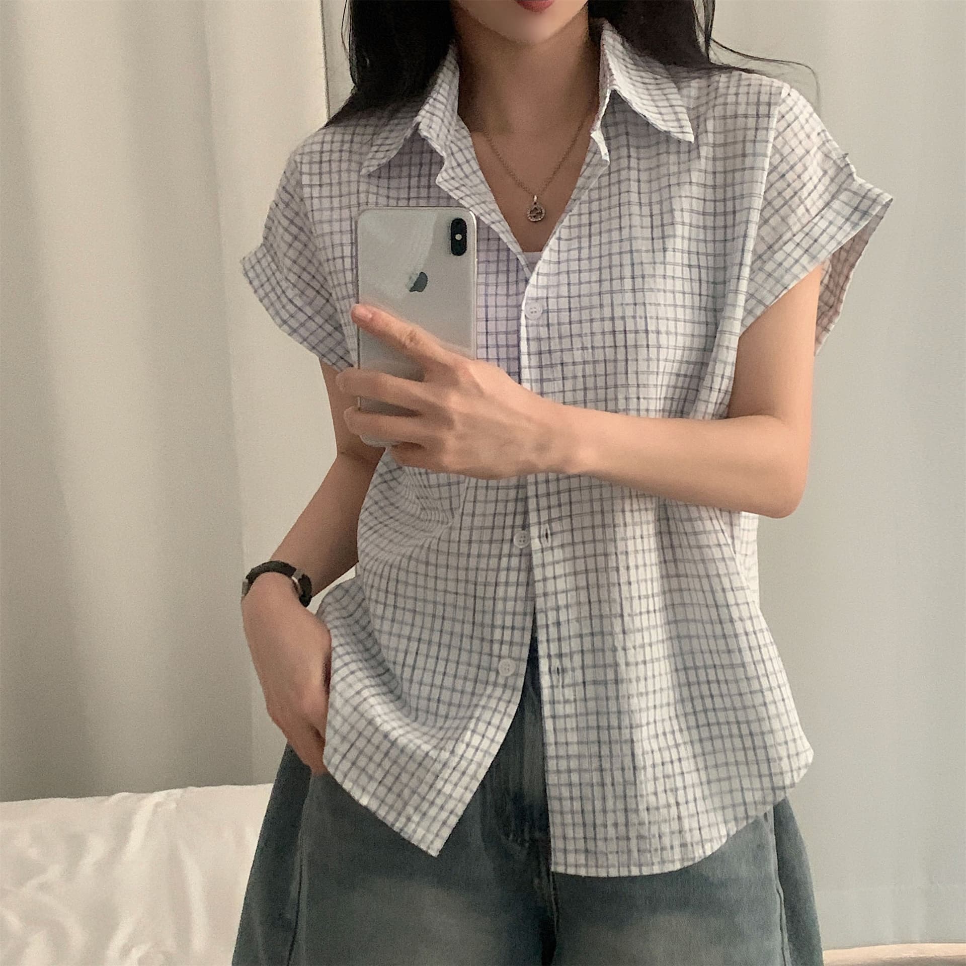 재고 있음 chic 레트로 배색 체크무늬 반팔 폴로 칼라 싱글 줄 버튼 셔츠 루즈핏 캐주얼 맨위 여성 이미지 4