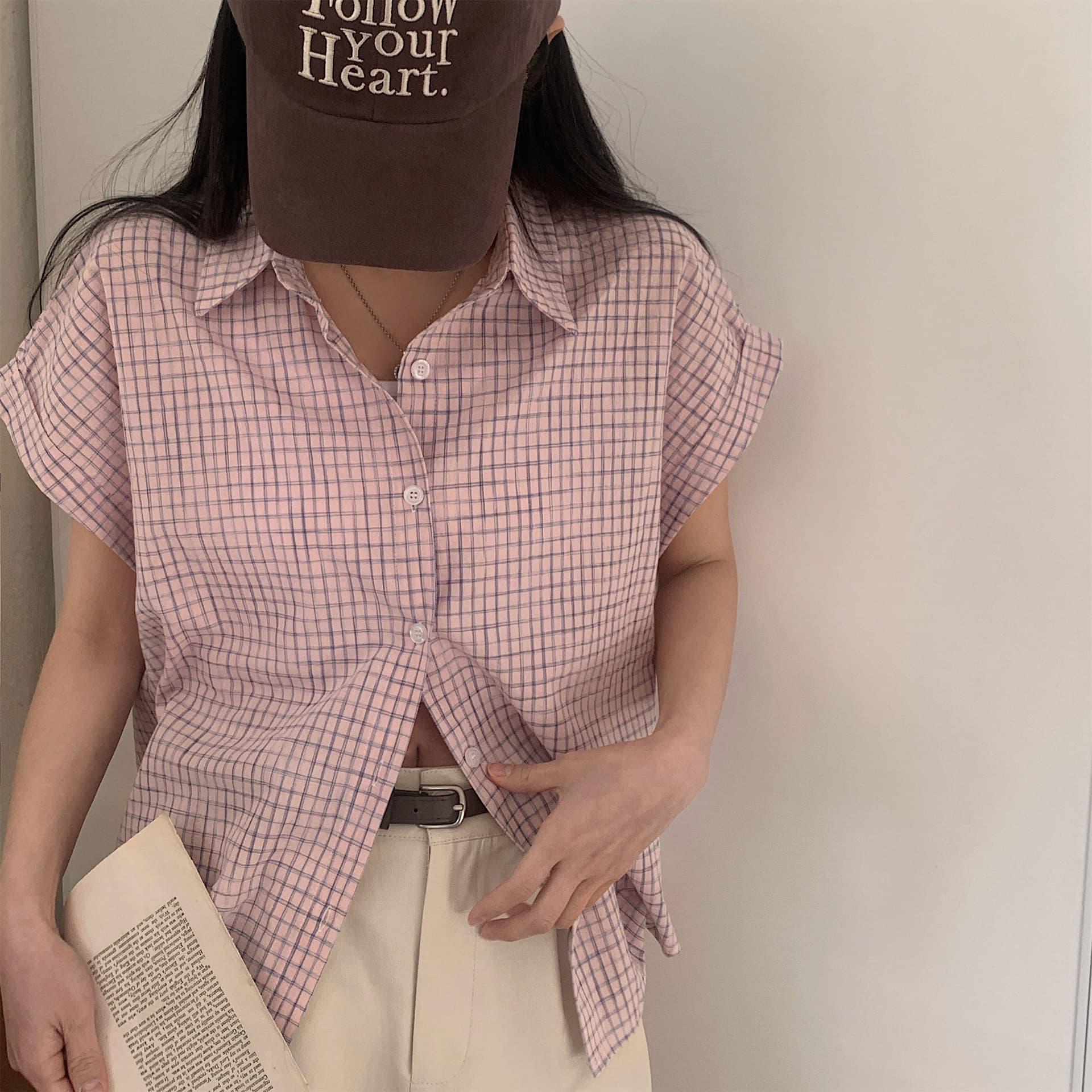 재고 있음 chic 레트로 배색 체크무늬 반팔 폴로 칼라 싱글 줄 버튼 셔츠 루즈핏 캐주얼 맨위 여성 상세 이미지 2
