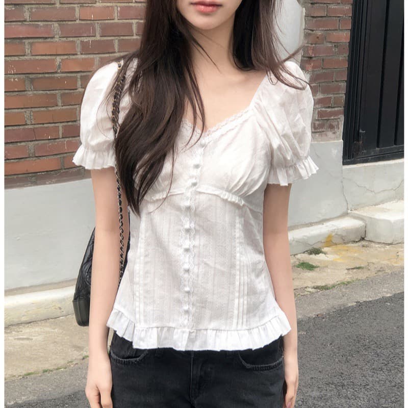 재고 있음 chic 한 부서 여름 프릴 레이스 거품 소매 몸매 가꾸기 슬림해 보이는 반팔 셔츠 이미지 3