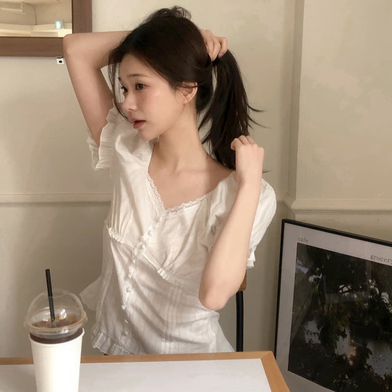 재고 있음 chic 한 부서 여름 프릴 레이스 거품 소매 몸매 가꾸기 슬림해 보이는 반팔 셔츠 상세 이미지 1
