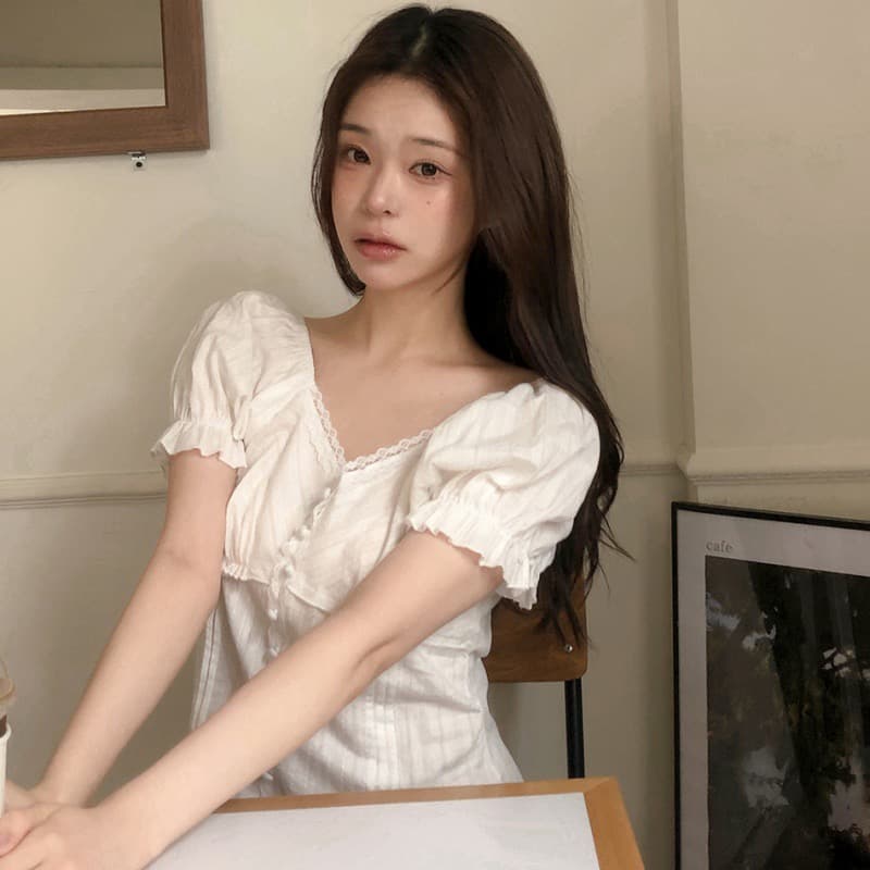 재고 있음 chic 한 부서 여름 프릴 레이스 거품 소매 몸매 가꾸기 슬림해 보이는 반팔 셔츠 상세 이미지 3
