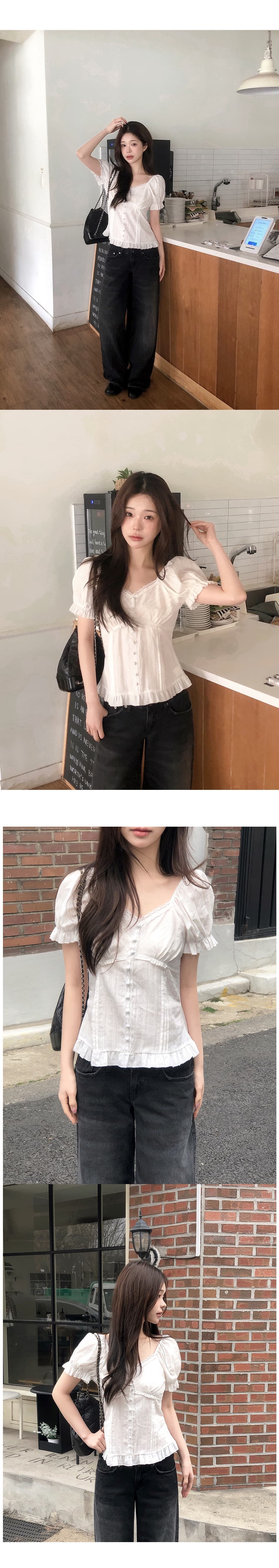 재고 있음 chic 한 부서 여름 프릴 레이스 거품 소매 몸매 가꾸기 슬림해 보이는 반팔 셔츠 상세 이미지 5
