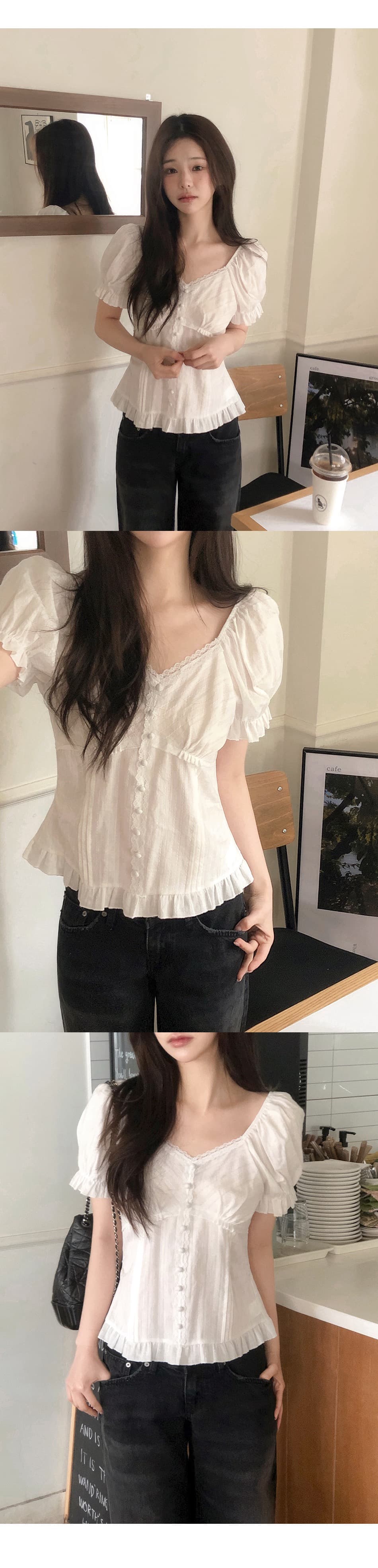재고 있음 chic 한 부서 여름 프릴 레이스 거품 소매 몸매 가꾸기 슬림해 보이는 반팔 셔츠 상세 이미지 6