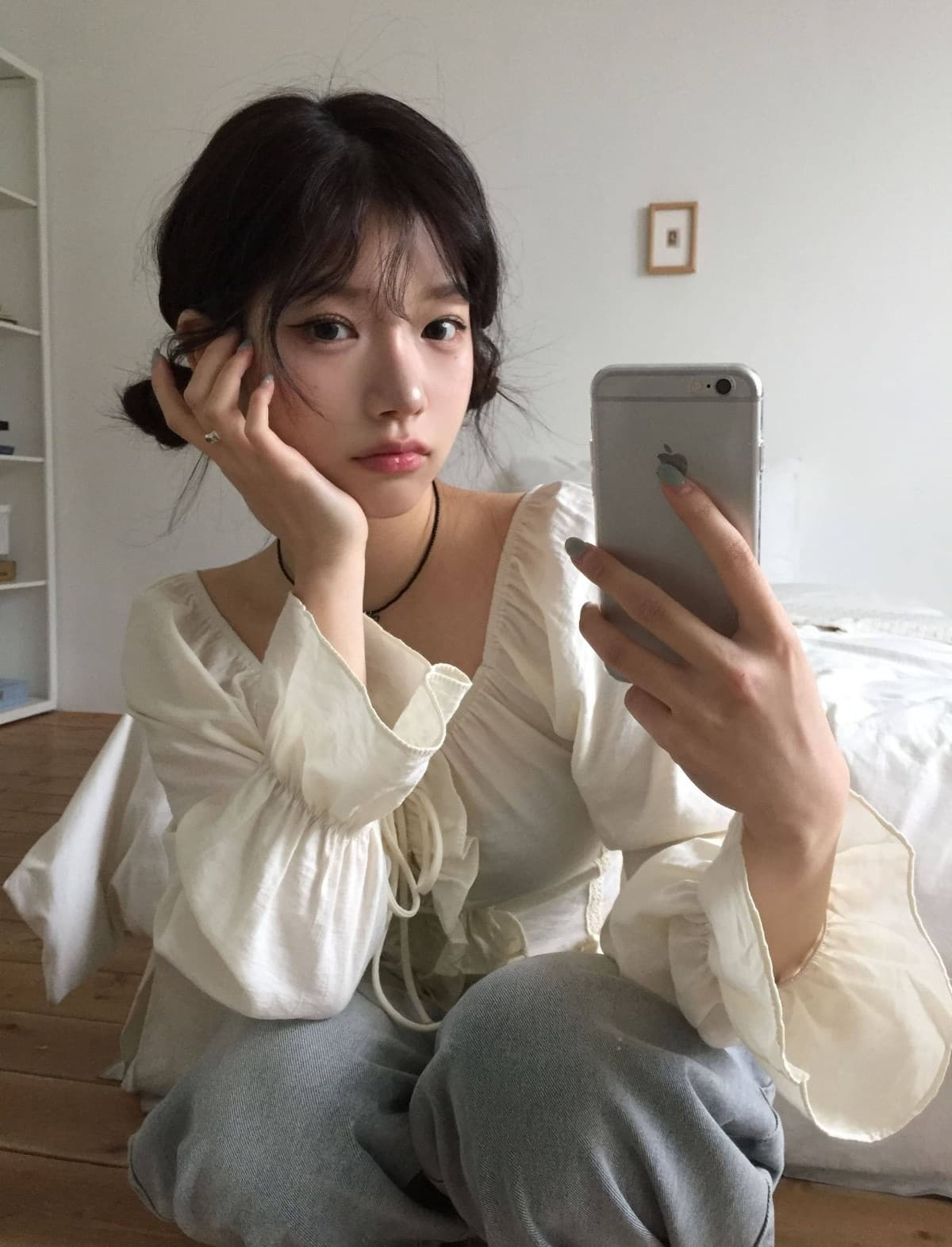 chic 섹시함 둘 착용 칼라 달콤함 프릴 긴팔 셔츠