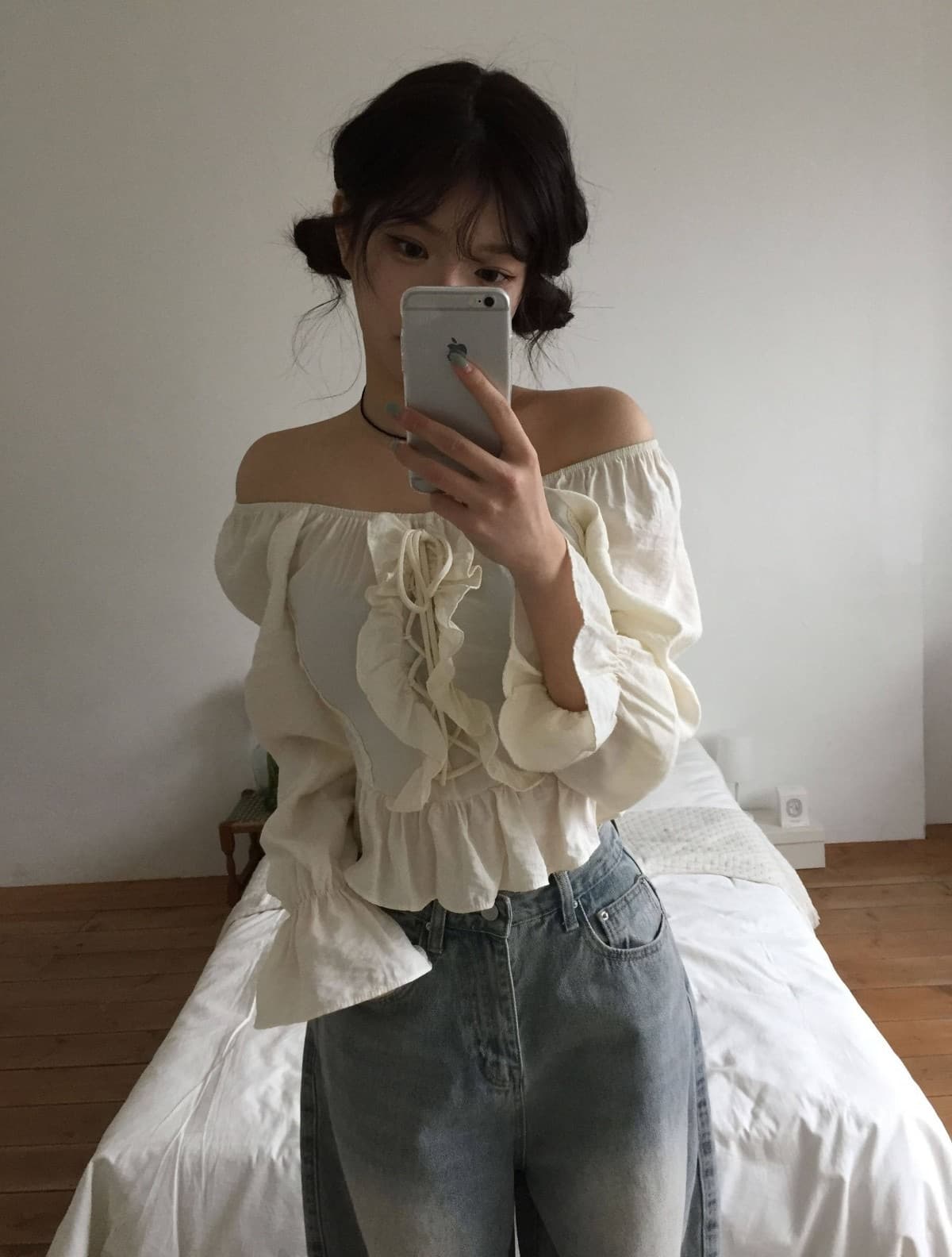 chic 섹시함 둘 착용 칼라 달콤함 프릴 긴팔 셔츠 상세 이미지 2