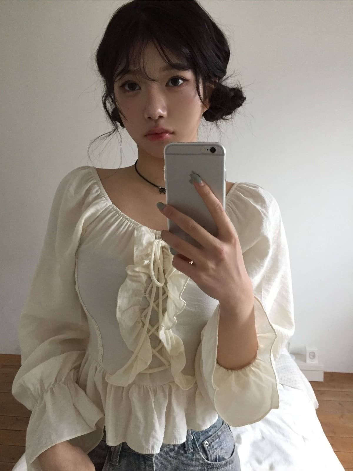 chic 섹시함 둘 착용 칼라 달콤함 프릴 긴팔 셔츠 상세 이미지 3