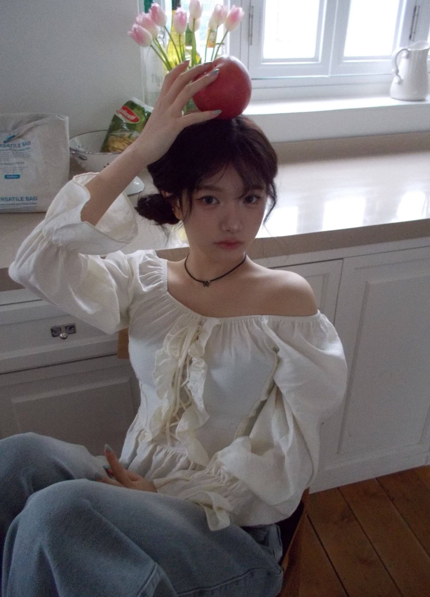 chic 섹시함 둘 착용 칼라 달콤함 프릴 긴팔 셔츠 상세 이미지 6