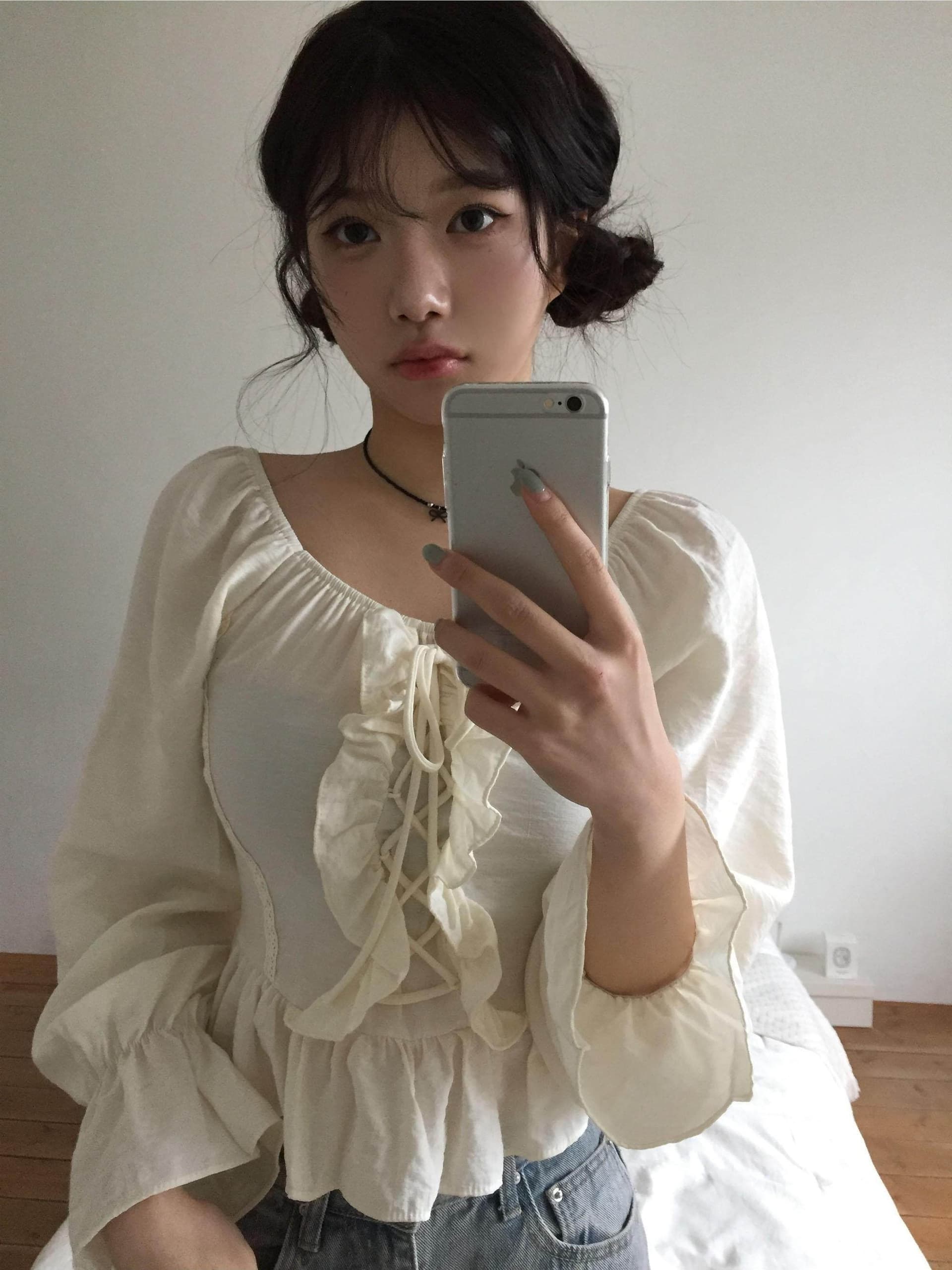 chic 섹시함 둘 착용 칼라 달콤함 프릴 긴팔 셔츠 상세 이미지 12