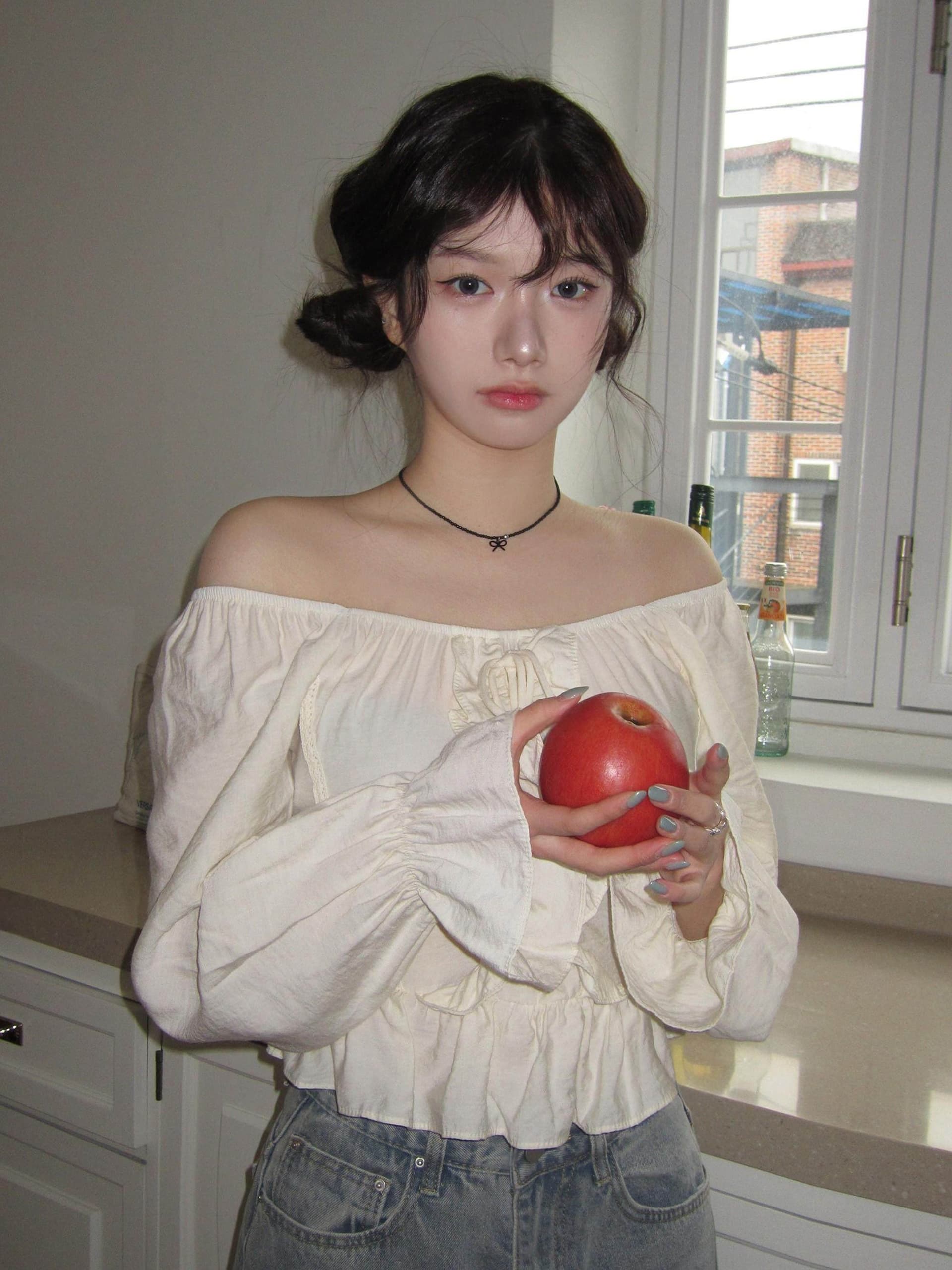 chic 섹시함 둘 착용 칼라 달콤함 프릴 긴팔 셔츠 상세 이미지 14