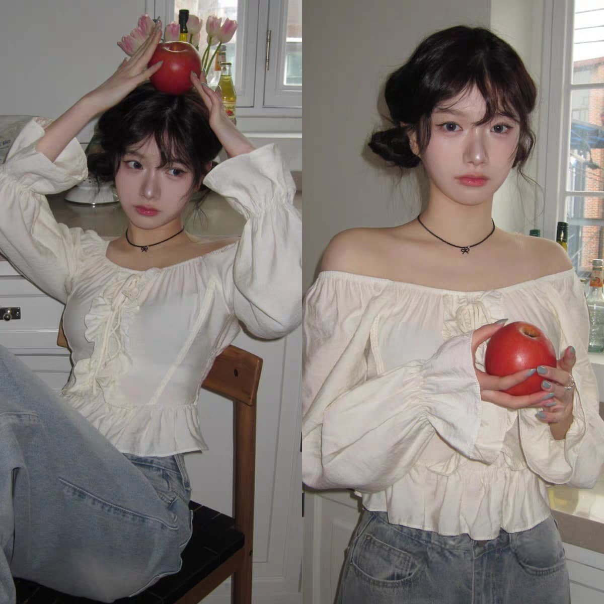 chic 섹시함 둘 착용 칼라 달콤함 프릴 긴팔 셔츠 상세 이미지 15