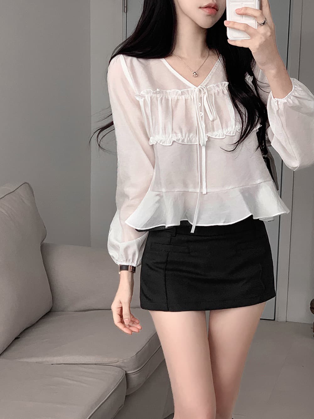 chic V넥 축소 주름 앞 가슴 레이스업 허리 수축 맨위 연꽃 잎 밑단 디자인 센스 여성 셔츠 상세 이미지 1