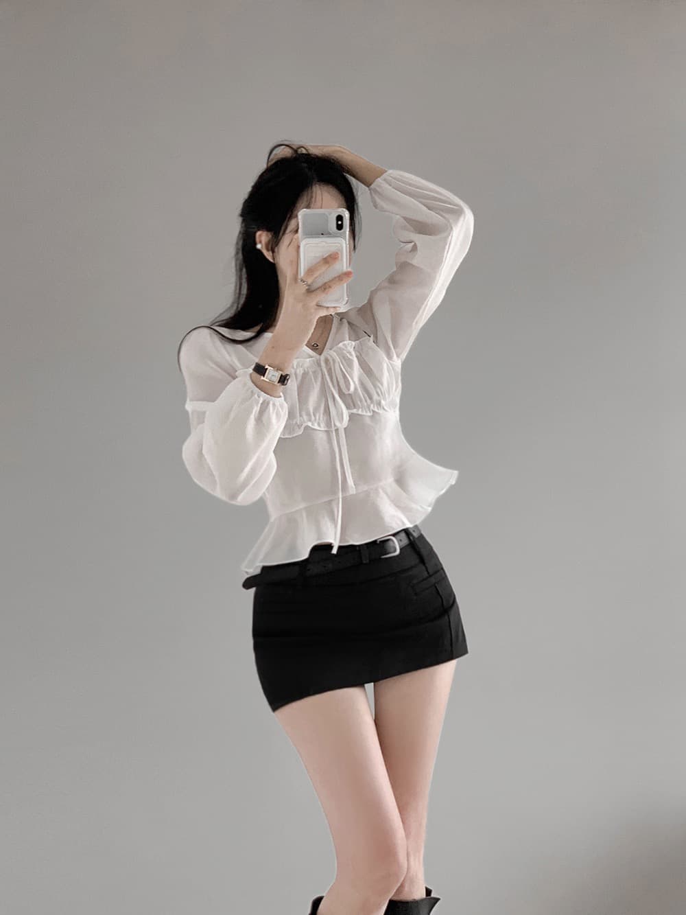 chic V넥 축소 주름 앞 가슴 레이스업 허리 수축 맨위 연꽃 잎 밑단 디자인 센스 여성 셔츠 상세 이미지 10