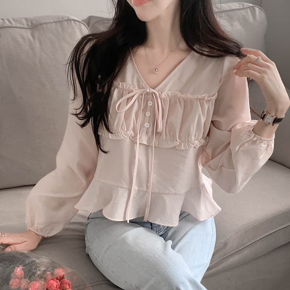chic V넥 축소 주름 앞 가슴 레이스업 허리 수축 맨위 연꽃 잎 밑단 디자인 센스 여성 셔츠 상세 이미지 14