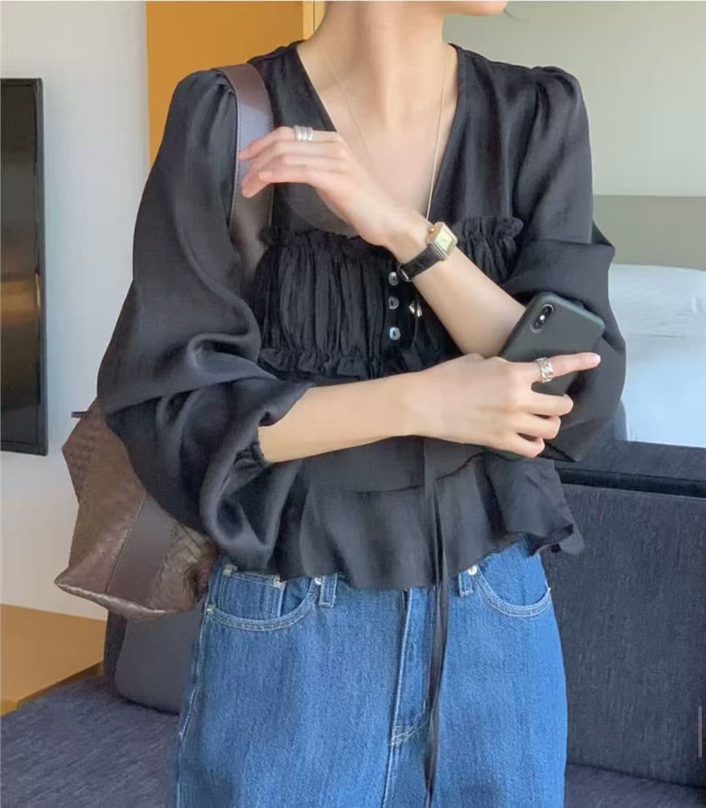 chic V넥 축소 주름 앞 가슴 레이스업 허리 수축 맨위 연꽃 잎 밑단 디자인 센스 여성 셔츠 상세 이미지 16